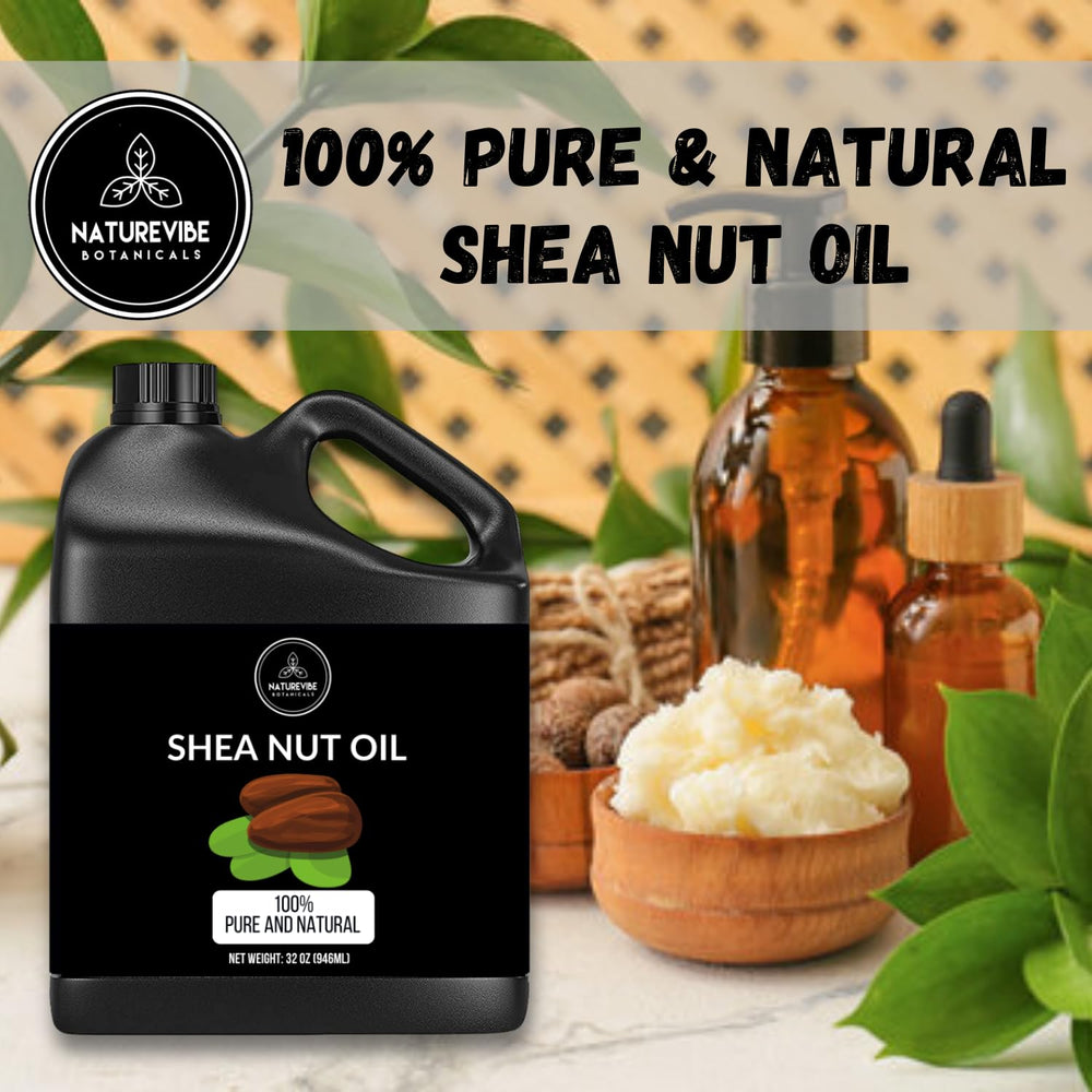 Naturevibe Botanicals Shea Nut Oil label emphasizes pure, natural ingredients for skin and hair care.