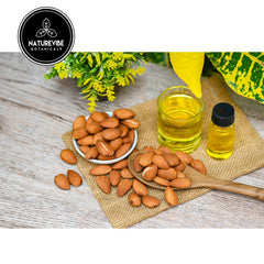 Naturevibe Botanicals Sweet Almond Oil 32oz label details highlight purity and cold-pressed quality.