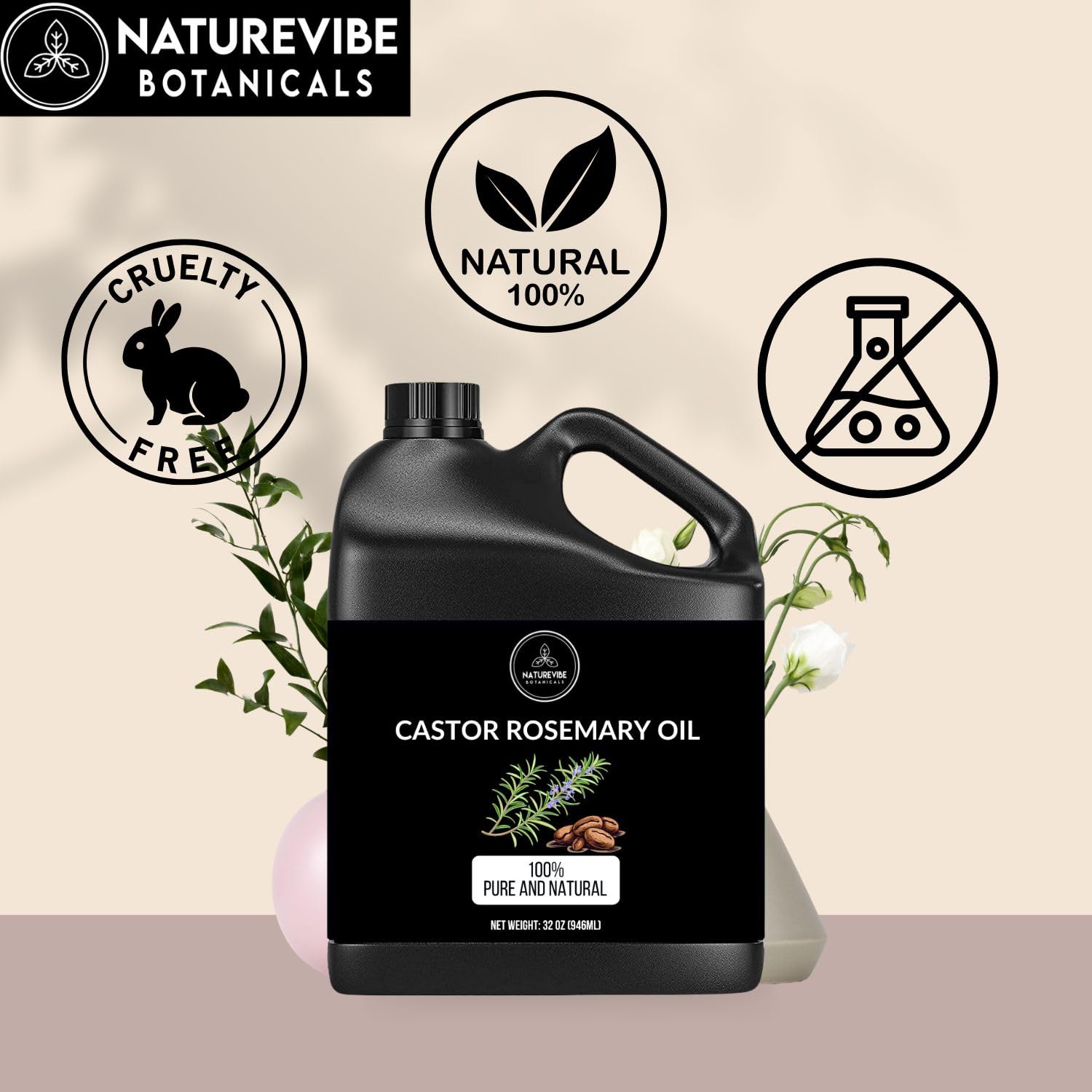 Naturevibe Botanicals castor rosemary oil bottle pour enables easy skin and lash application.