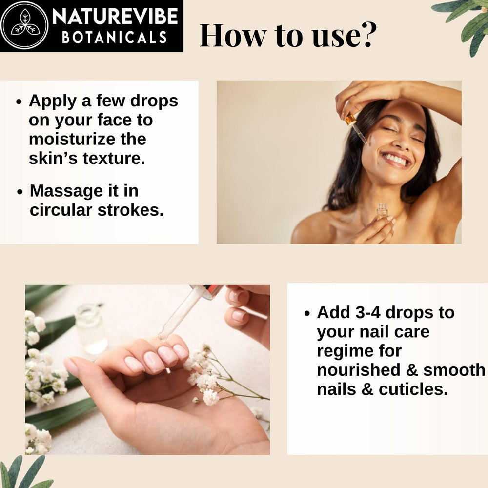 Naturevibe Botanicals castor rosemary oil skin-application supports hydrated skin.