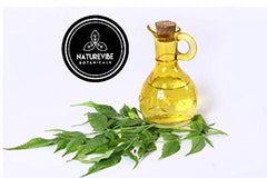 Naturevibe Neem Oil cold-pressed leaf oil highlights 100% pure neem for skin and hair.