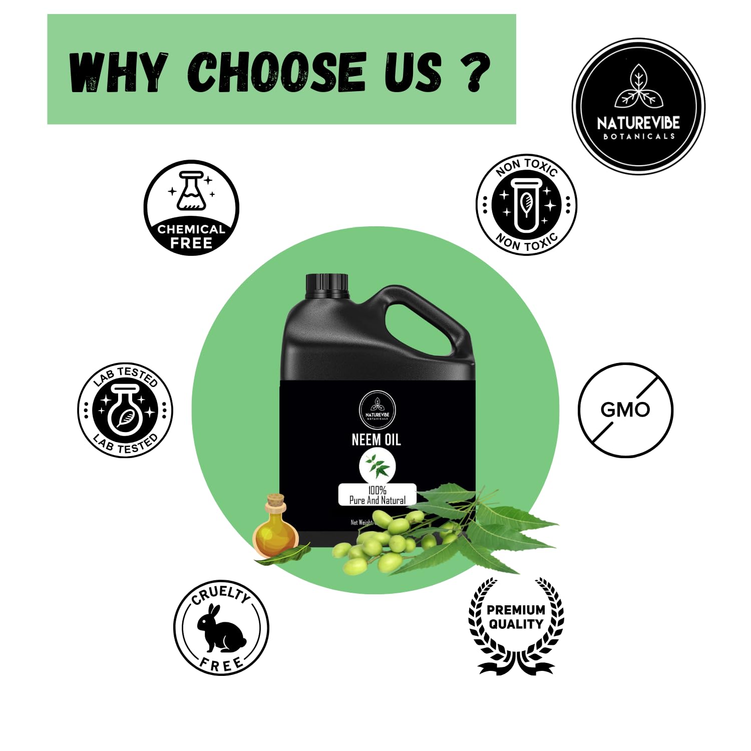 Naturevibe Neem Oil packaging and label visuals reflect quality and freshness.