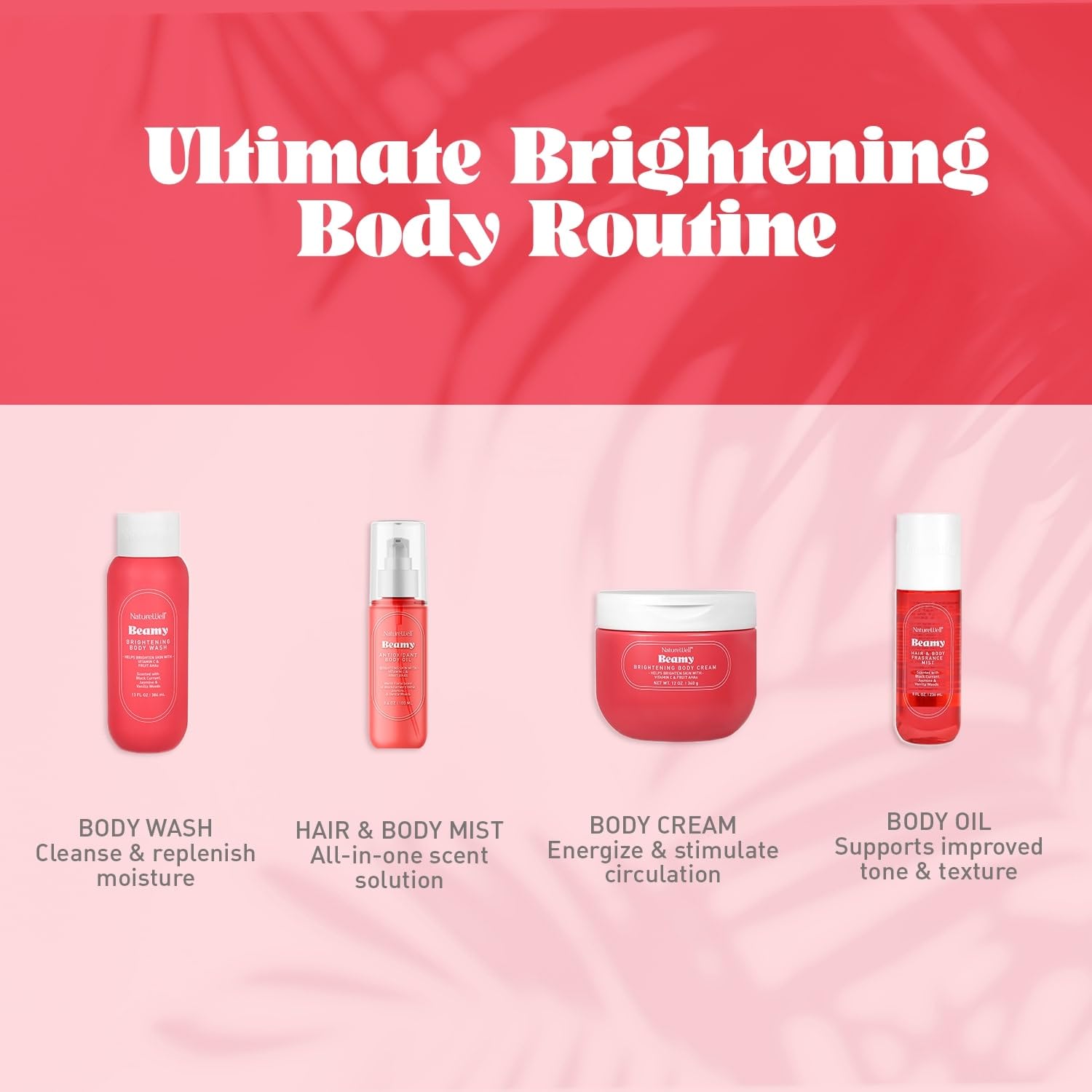 NATURE WELL Beamy Brightening Body Oil vitamin C label highlighting radiance.