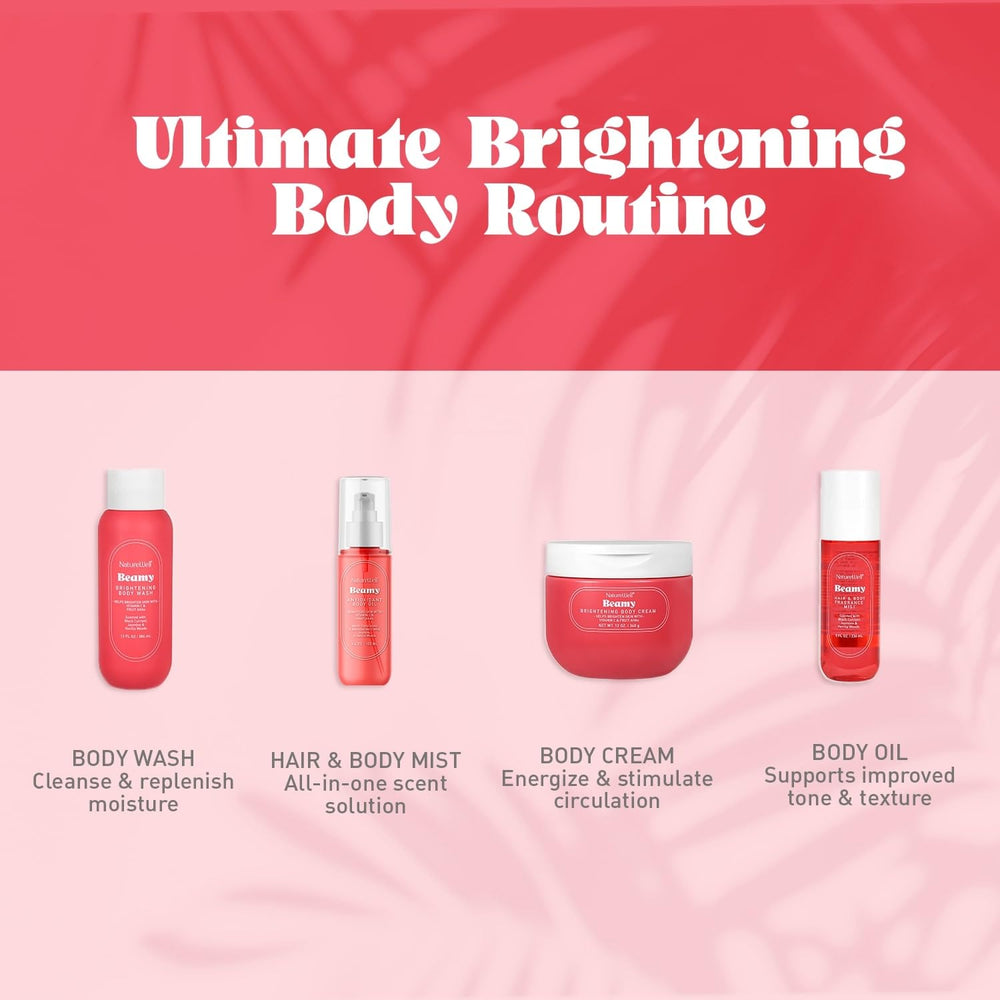 NATURE WELL Beamy Brightening Body Oil vitamin C label highlighting radiance.