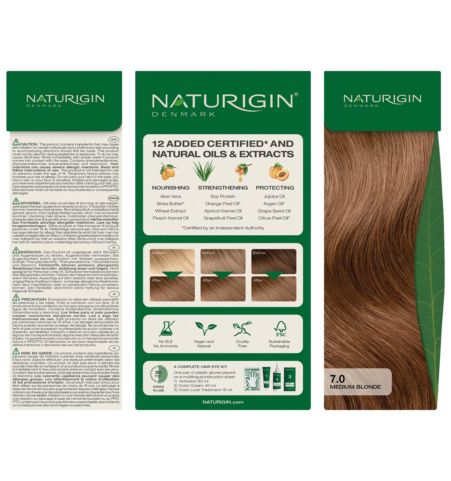 Naturigin hair color result close-up showing natural-toned blonde and smooth finish.