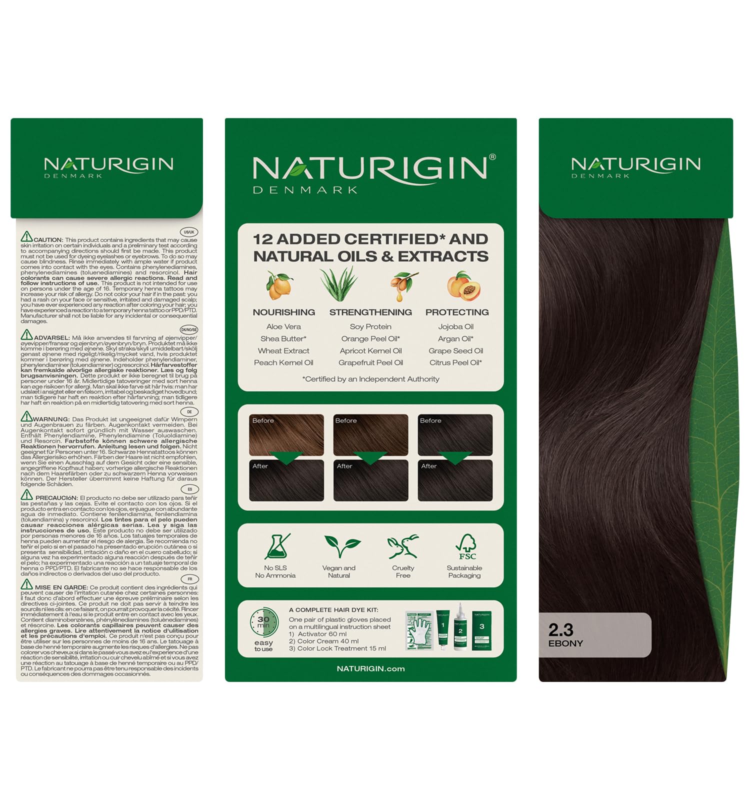 Naturigin long-lasting Ebony Black color result on hair with gray coverage