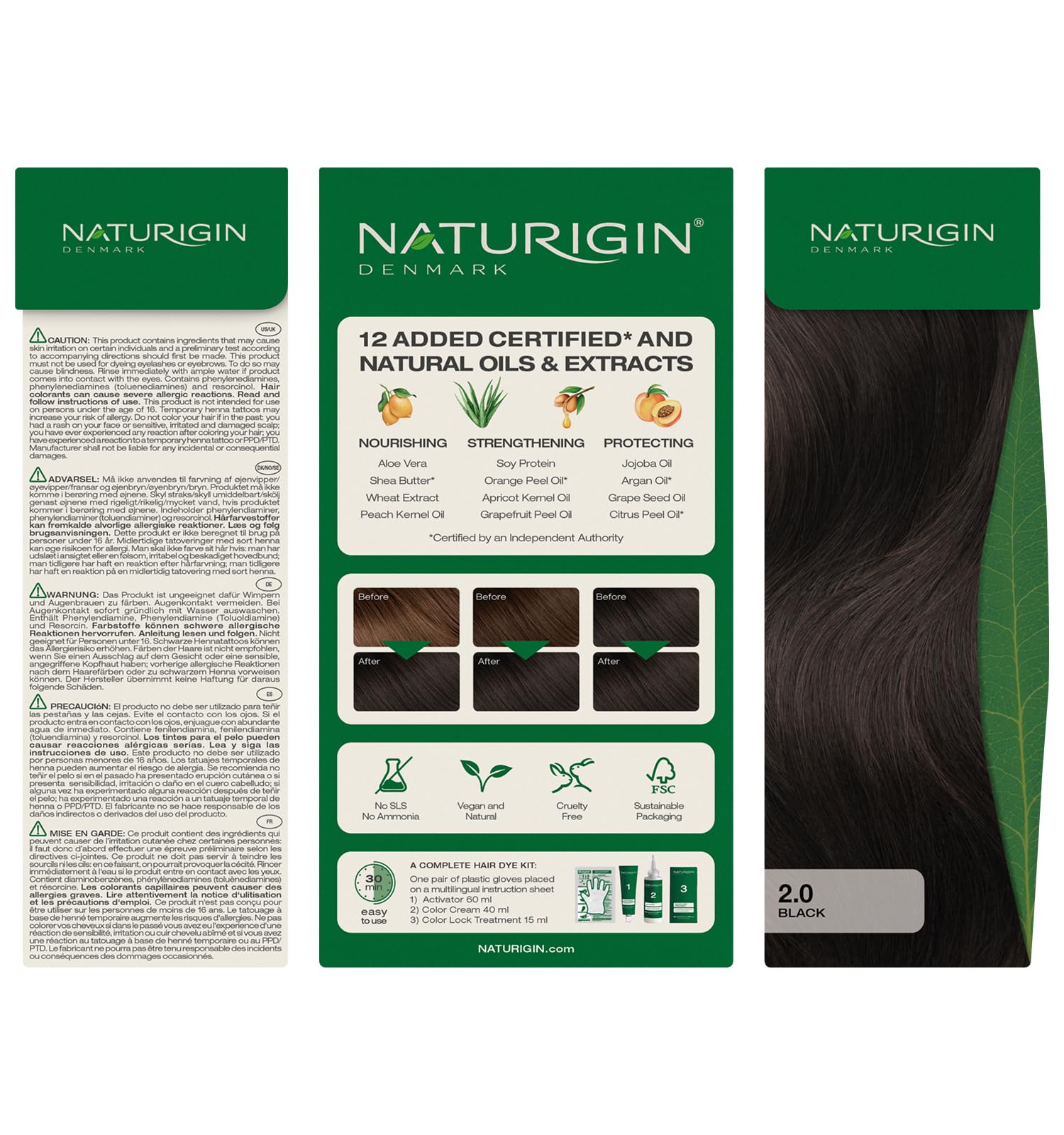 Naturigin neutral-toned black result shown on hair.