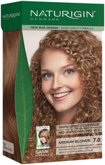 Naturigin permanent hair color 7-0 medium blonde box with neutral blonde shade and gray coverage promise.