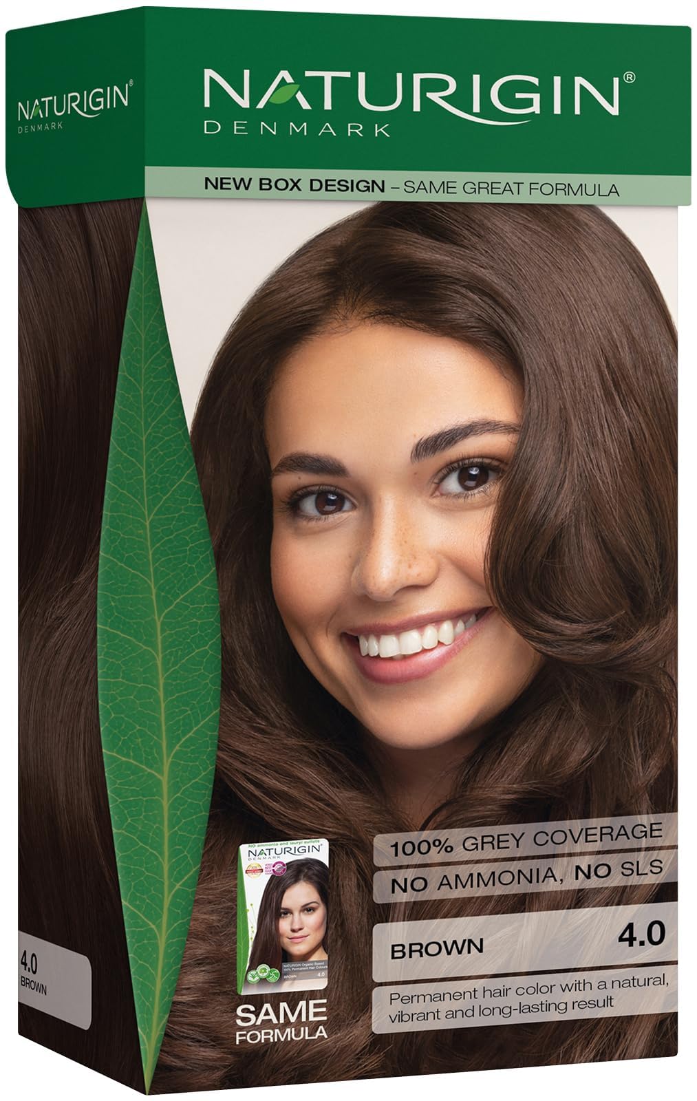 Naturigin permanent hair dye 4.0 brown packaging shows ammonia-free, plant-infused formula for home color