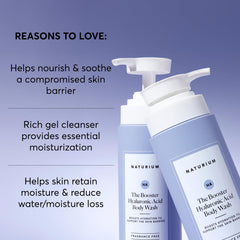 Naturium The Booster Hyaluronic Acid Body Wash ingredients panel highlights multi-weight hyaluronic acids