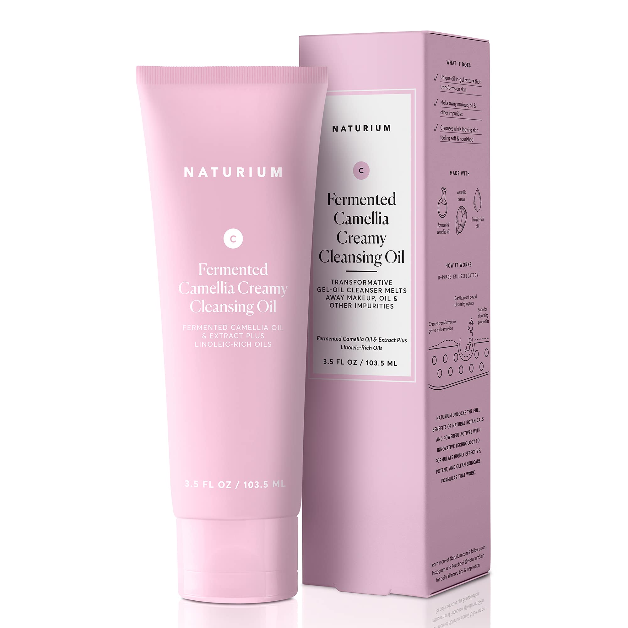 Naturium Camellia Creamy Cleansing Oil bottle pour for gentle makeup removal.