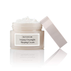 Naturium Intense Overnight Sleeping Cream packaging on shelf highlighting vegan and dermatologist-tested
