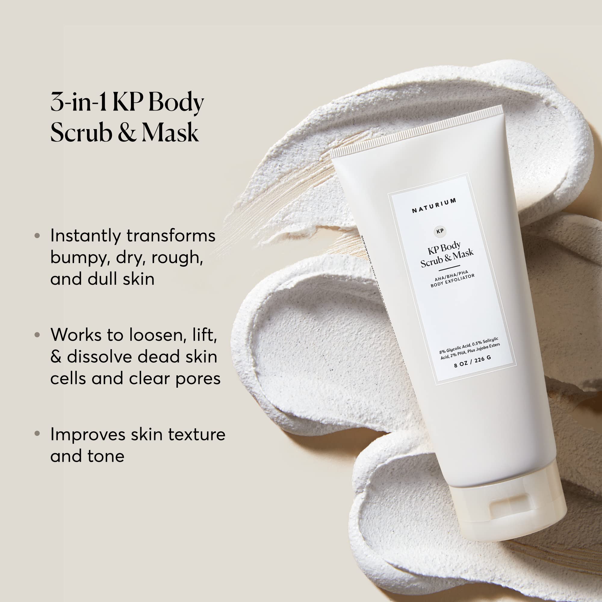 Naturium KP body scrub application being massaged for exfoliation