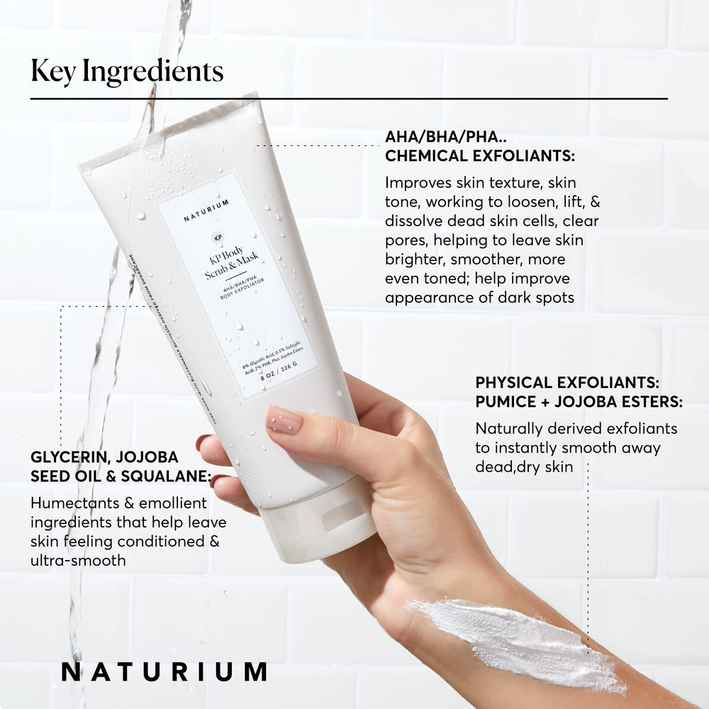 Naturium KP body scrub jar showing key exfoliating ingredients