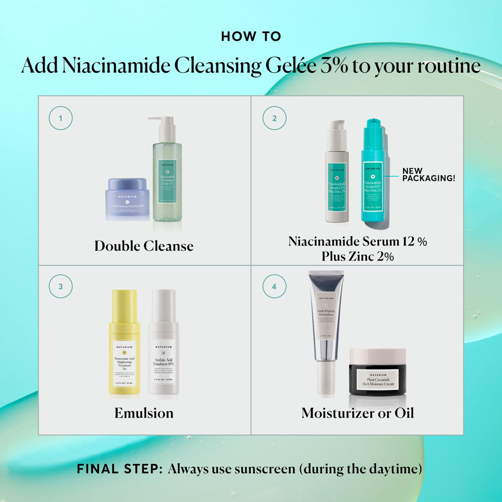 Naturium Niacinamide Cleansing Gelée pump-bottle on bathroom counter for daily cleansing