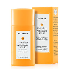Naturium UV Reflect sunscreen bottle close-up showing lightweight protection and velvety finish.