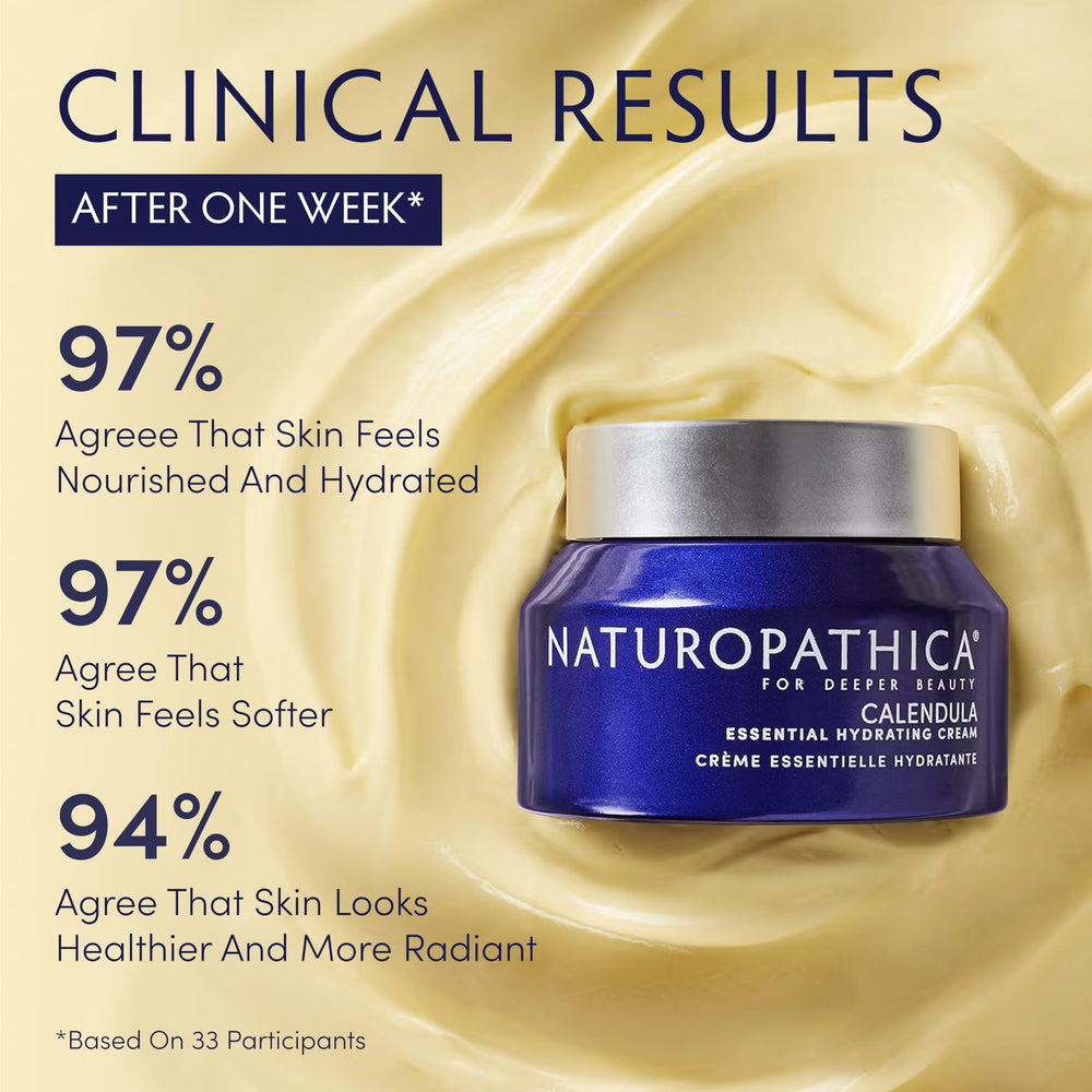 Naturopathica Calendula Essential Hydrating Cream face application shows smooth, soothing daily glow.