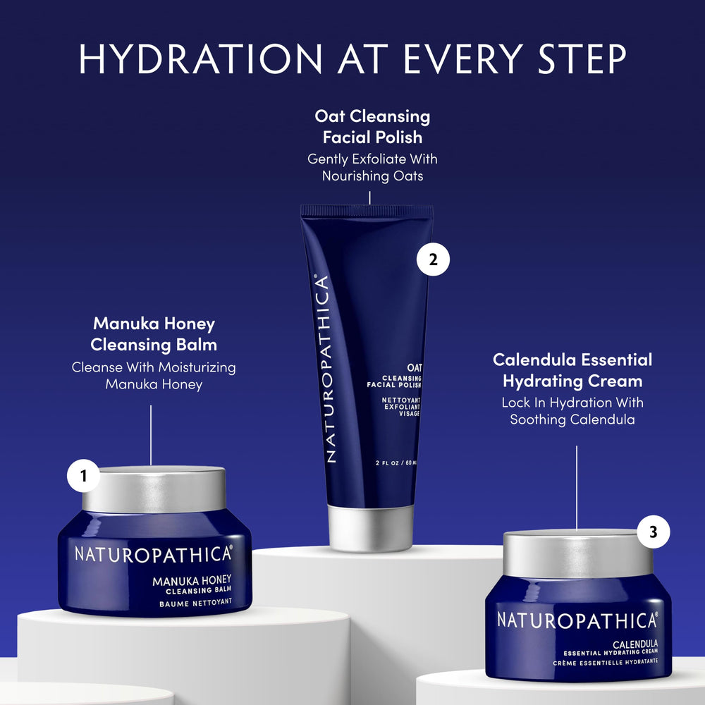 Naturopathica Oat Cleansing Facial Polish on damp skin suggesting 10-minute mask use.