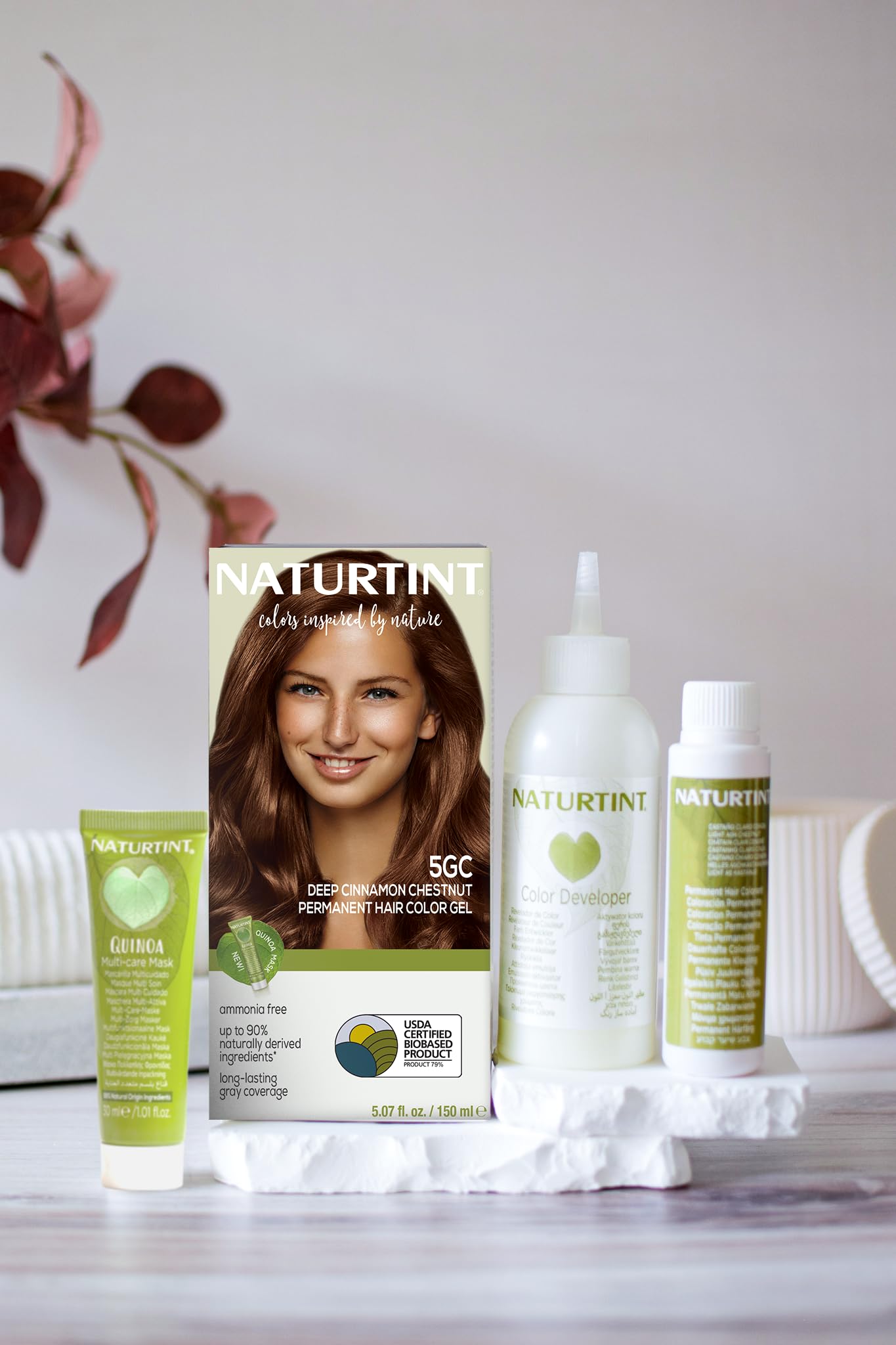 Naturtint 5GC Deep Cinnamon cream-mix illustrates ammonia-free, gentle formula.