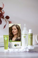 Naturtint 6GA color swatches illustrate deep almond brown shade on hair-friendly tones.