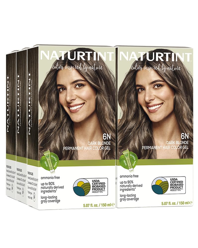 Naturtint 6N dark blonde packaging shows ammonia-free, plant-based color kit benefits.