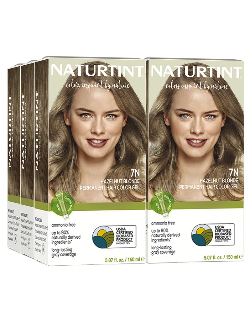 Naturtint 7N Hazelnut Blonde packaging shows a vegan, cruelty-free color kit for at-home use.