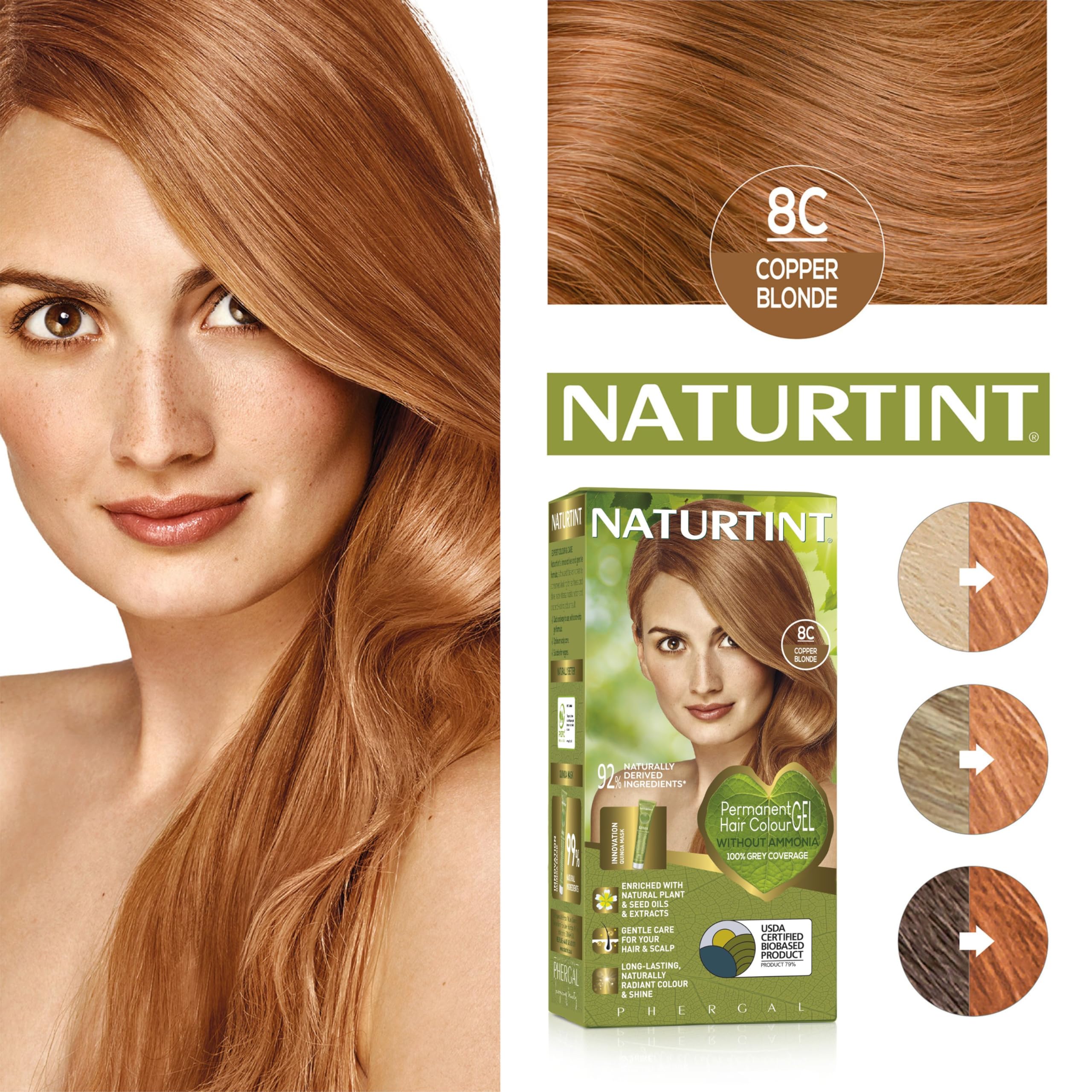 Naturtint 8C Copper Blonde color depth close-up on hair strand.