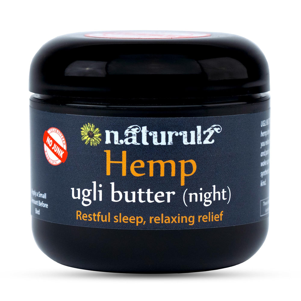 Naturulz Ugli Butter Night Cream bottle showing calming hemp blend for restful evenings