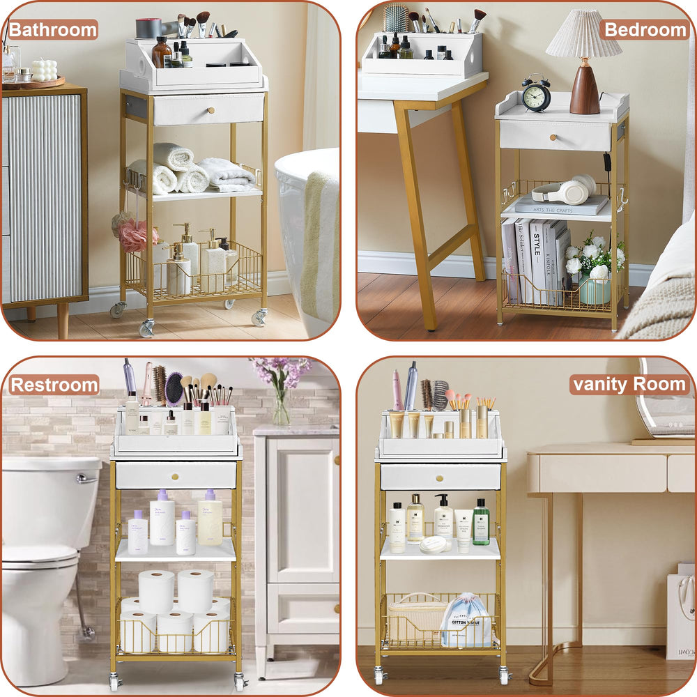 NauwaBarn gold-finish rolling cart adds elegant, space-saving storage to vanity.
