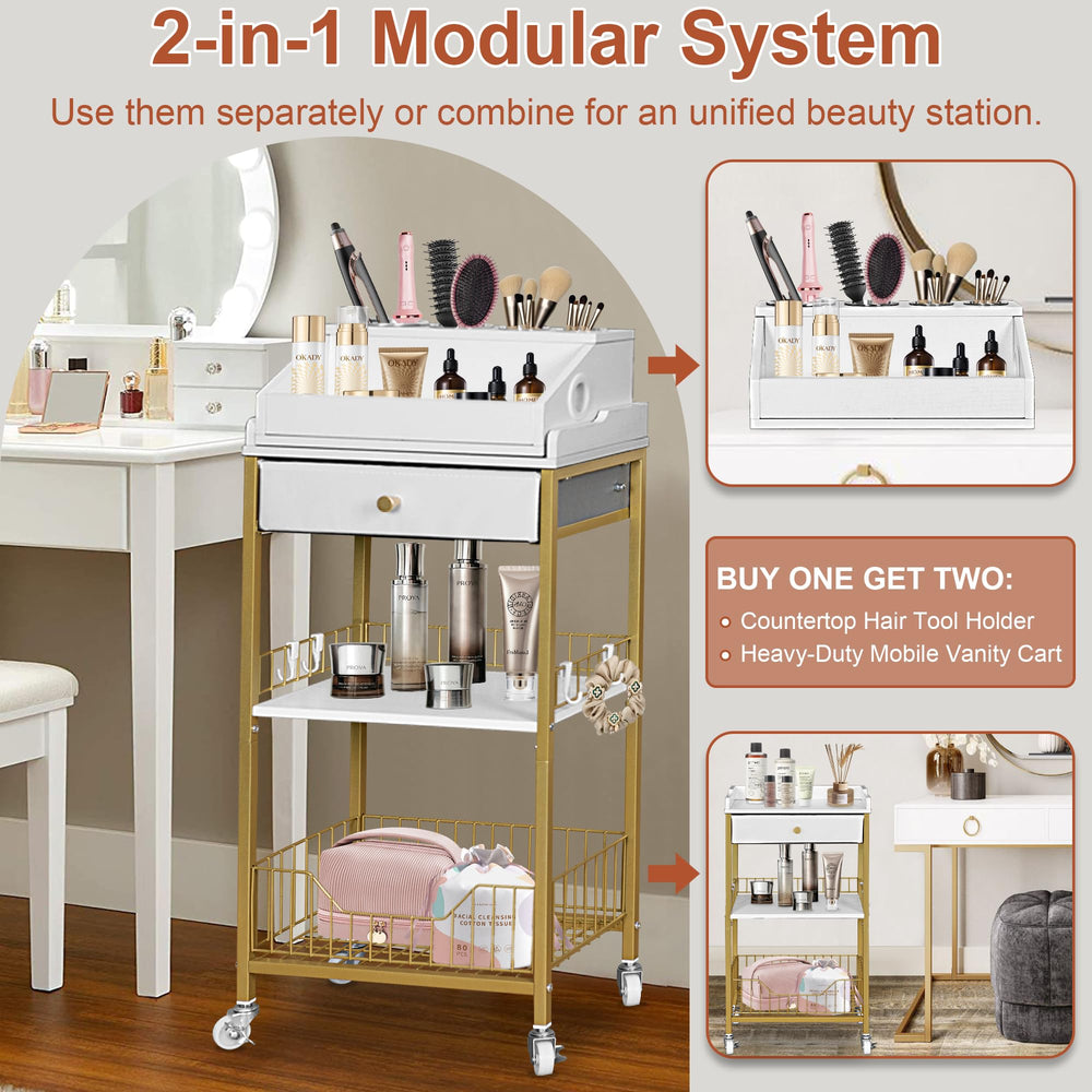 NauwaBarn makeup cart drawer highlights organized serums and masks at your fingertips.