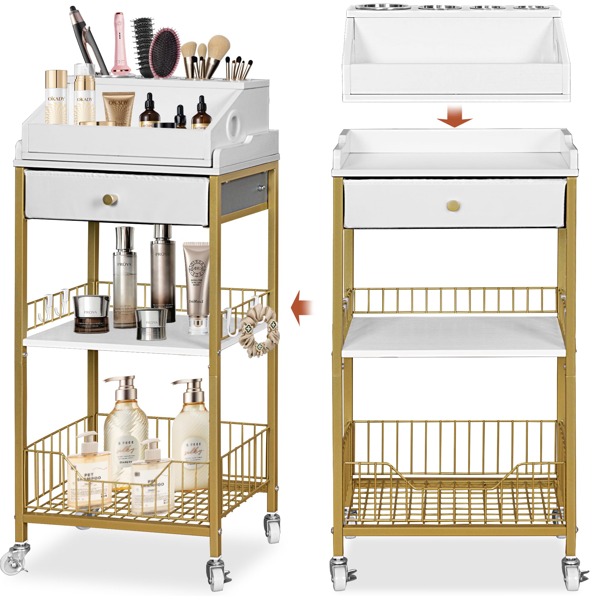 NauwaBarn makeup organizer cart wheels show smooth rolling for easy vanity storage.