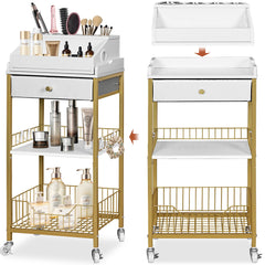 NauwaBarn makeup organizer cart wheels show smooth rolling for easy vanity storage.