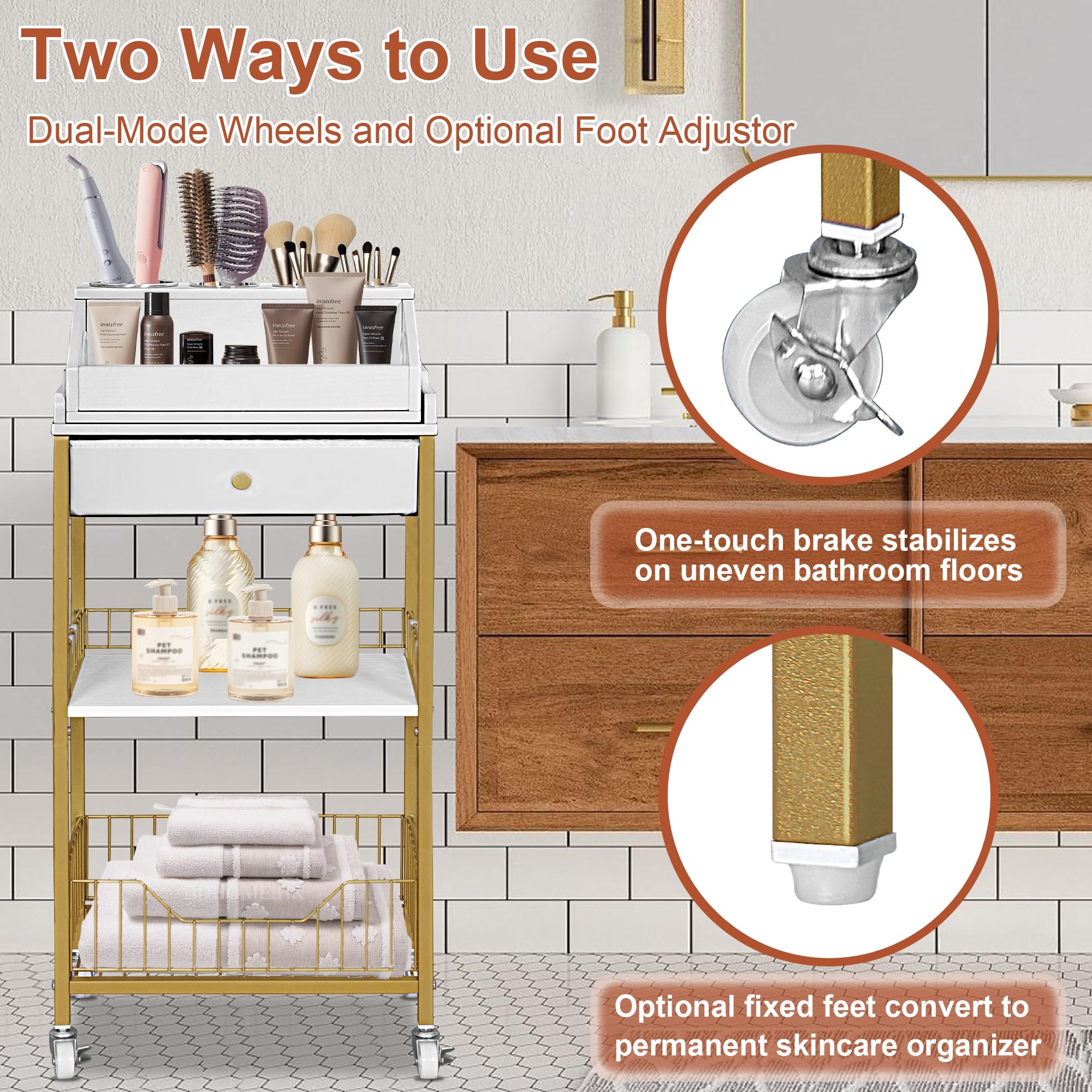 NauwaBarn middle shelf stores daily cleansers and toners for quick morning access.