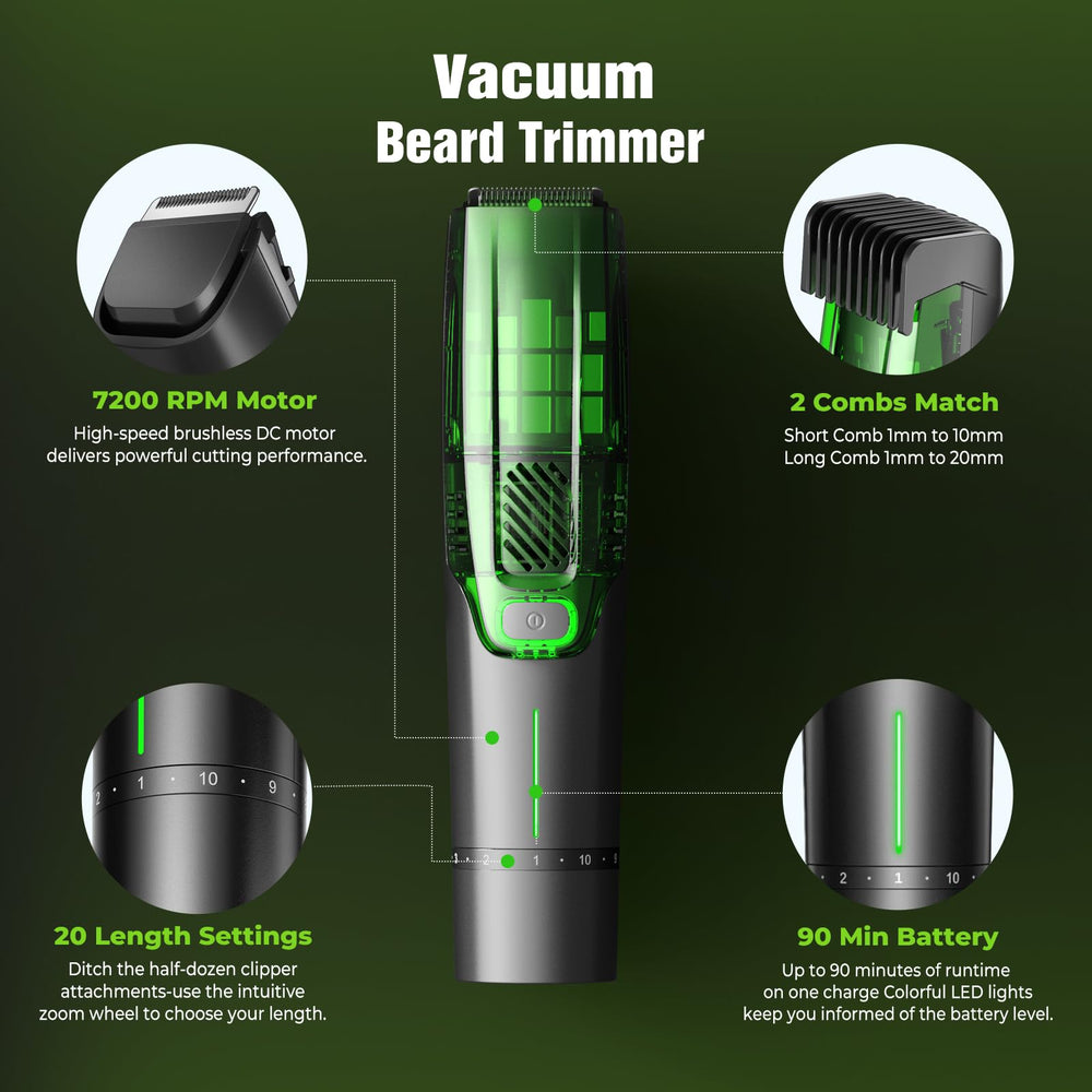 NAUQUOHZ Beard Trimmer vacuum system captures hairs for mess-free grooming.
