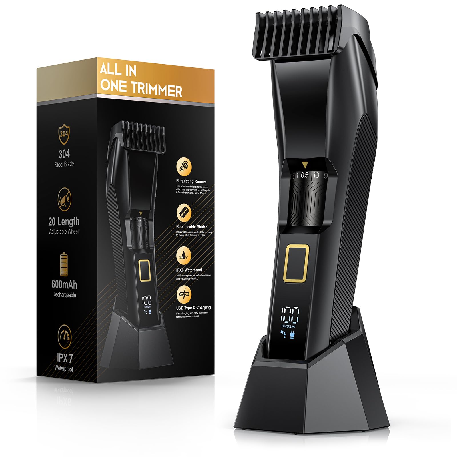 NAUQUOHZ Men Beard Trimmer with 20 length settings for precise grooming control