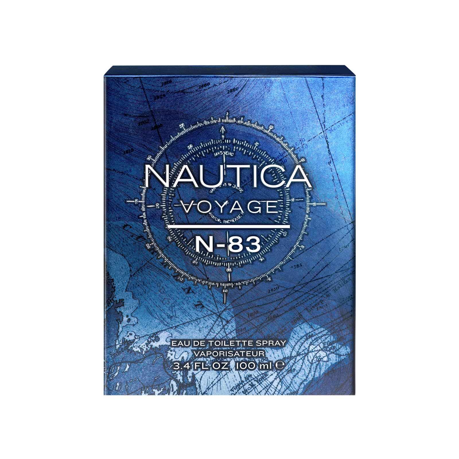 Nautica Voyage N83 bottle-closeup emphasizes musk-sandalwood-cedar base for lasting warmth.