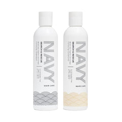 NAVY HAIR CARE Search and Rescue Shampoo bottle shows biotin-powered scalp nourishment.