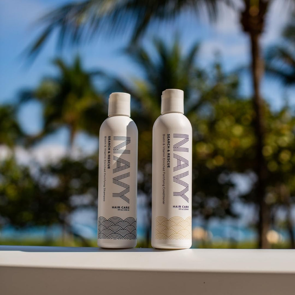 NAVY HAIR CARE SLS and paraben-free badge signals clean formula.