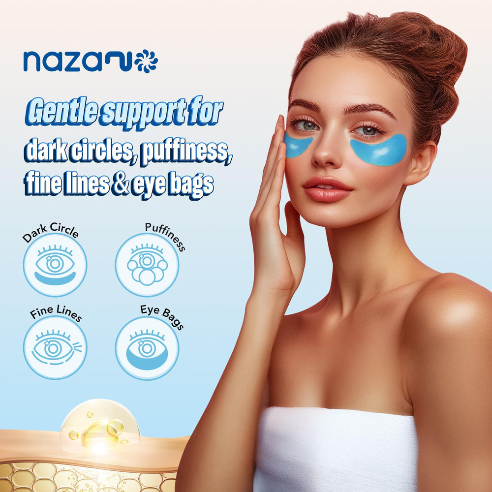 NAZANO under-eye patches application close-up shows easy 20-minute treatment for tired eyes.