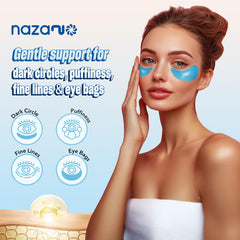 NAZANO under-eye patches application close-up shows easy 20-minute treatment for tired eyes.