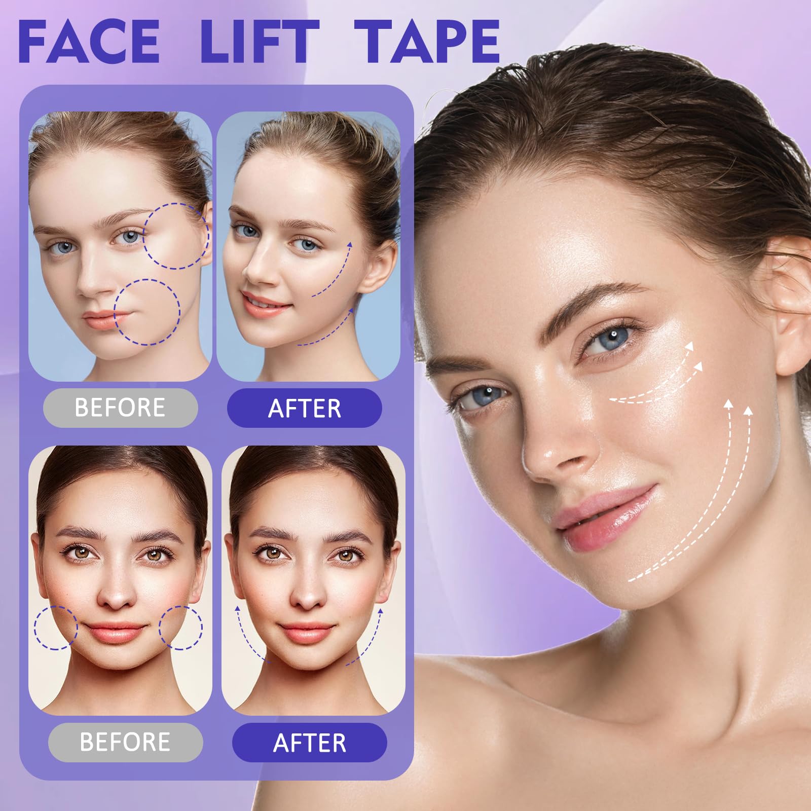 NBF face lift tape on skin before makeup, creating a natural contour
