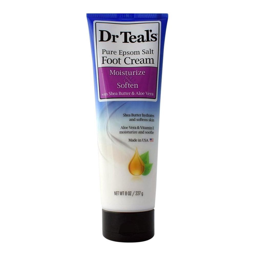 NC Dr Teal's Pure Epsom Salt Foot Cream jar showing shea butter and aloe to soften dry feet.