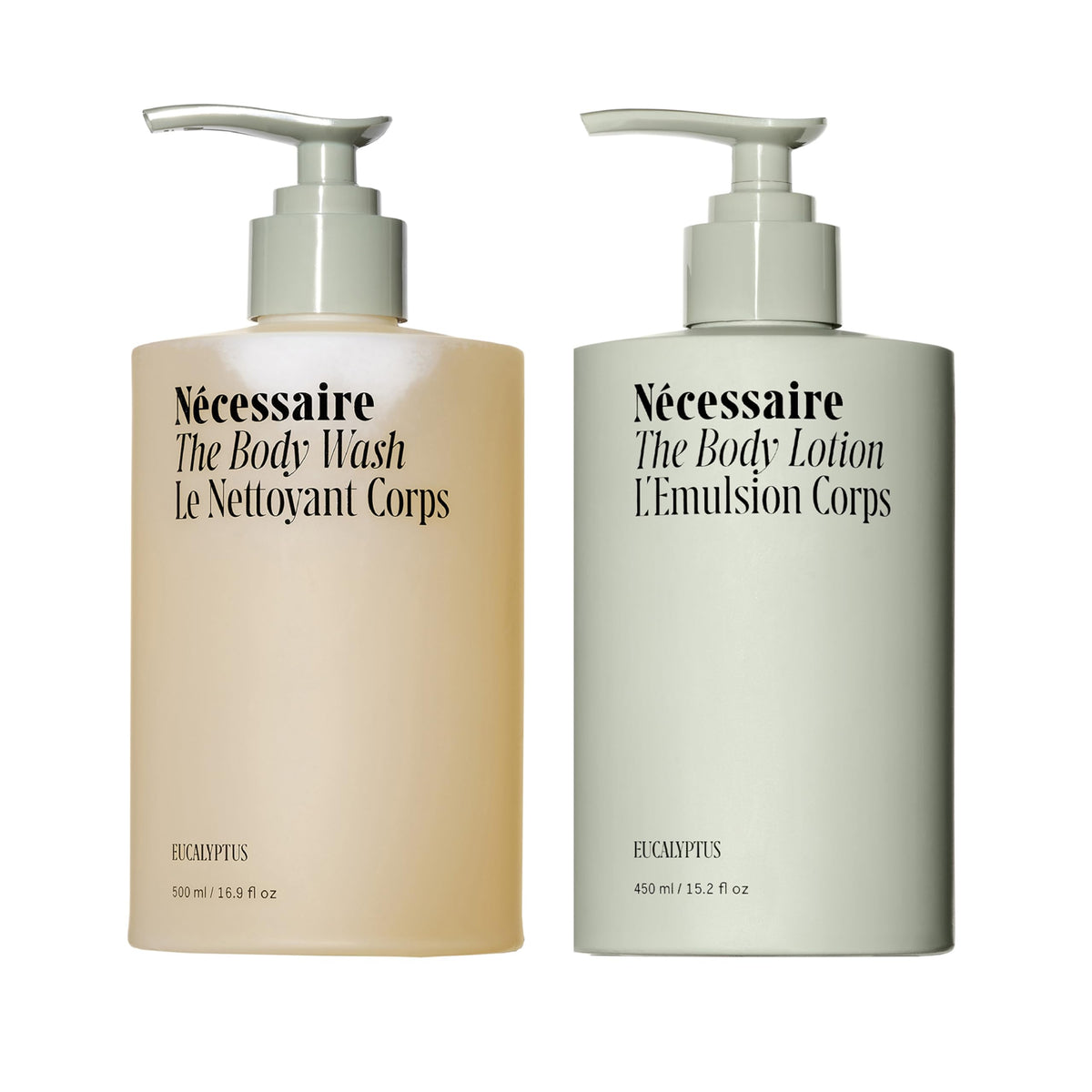 Nécessaire The Body Duo Eucalyptus bottle shows a nourishing body wash for daily cleansing.