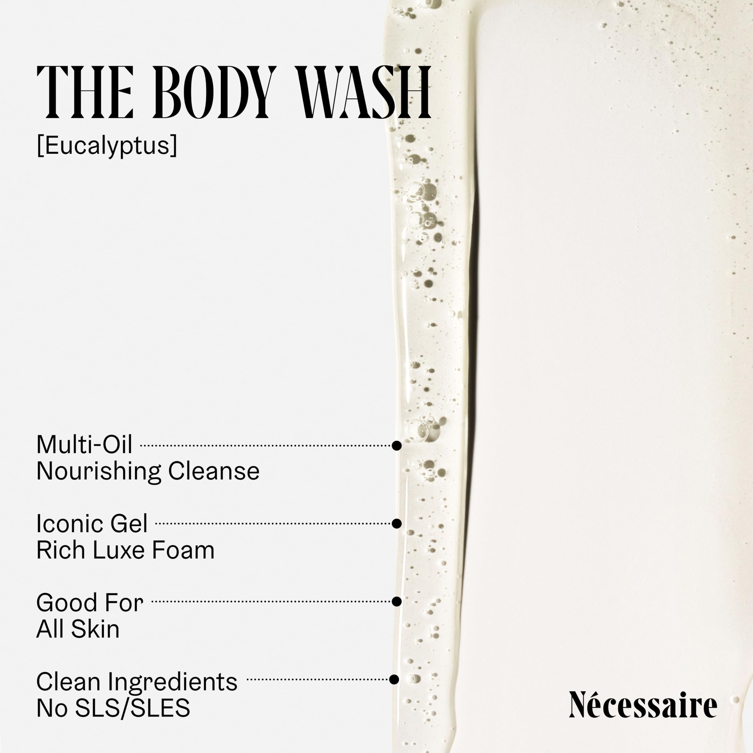 Nécessaire Body Duo Eucalyptus lotion pump highlights fast-absorbing hydration with niacinamide.