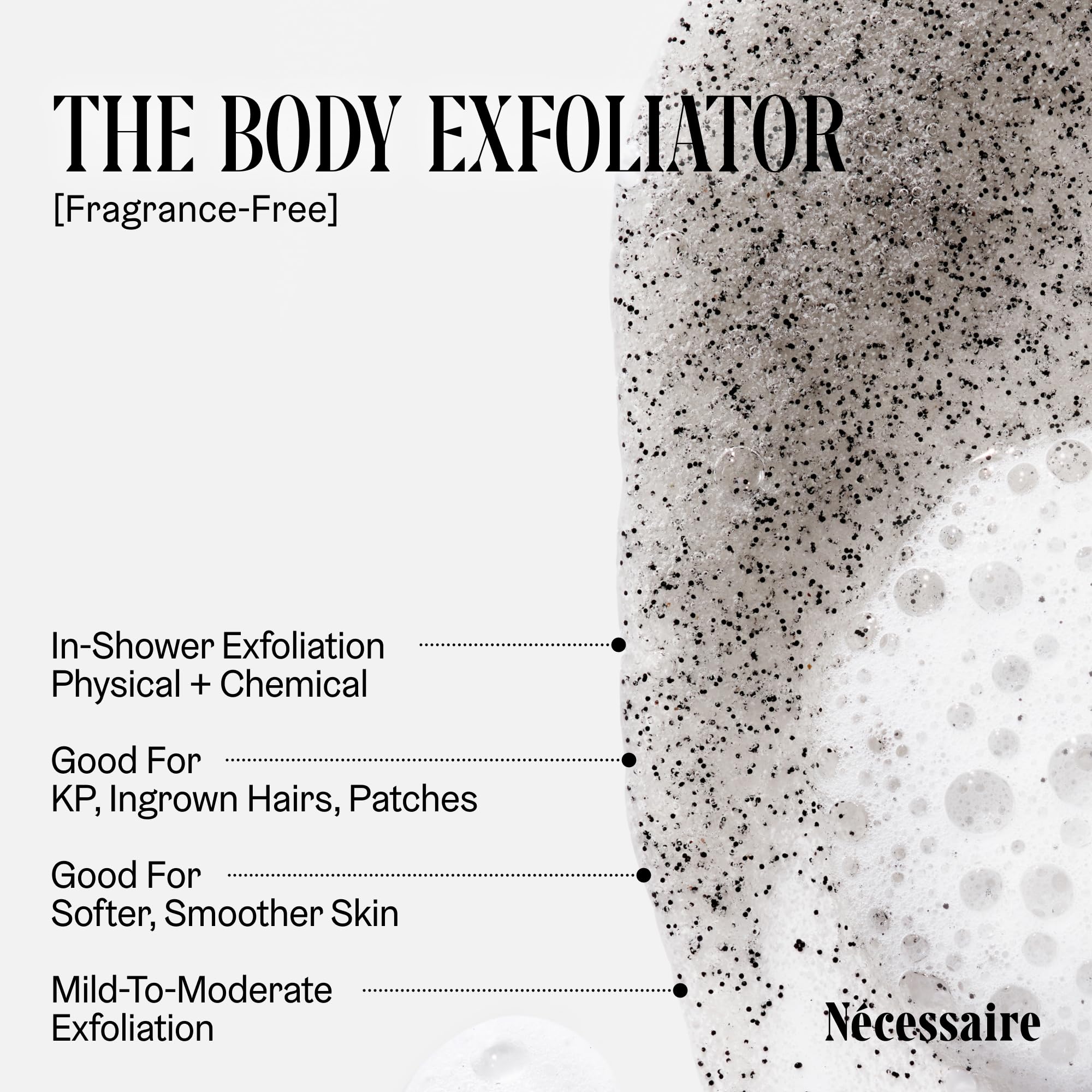 Nécessaire The Body Exfoliator dispense pump, easy, gentle exfoliation routine.