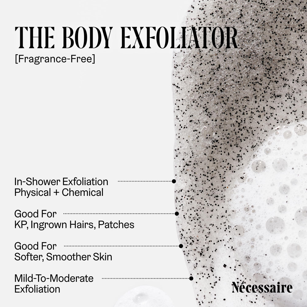 Nécessaire The Body Exfoliator dispense pump, easy, gentle exfoliation routine.
