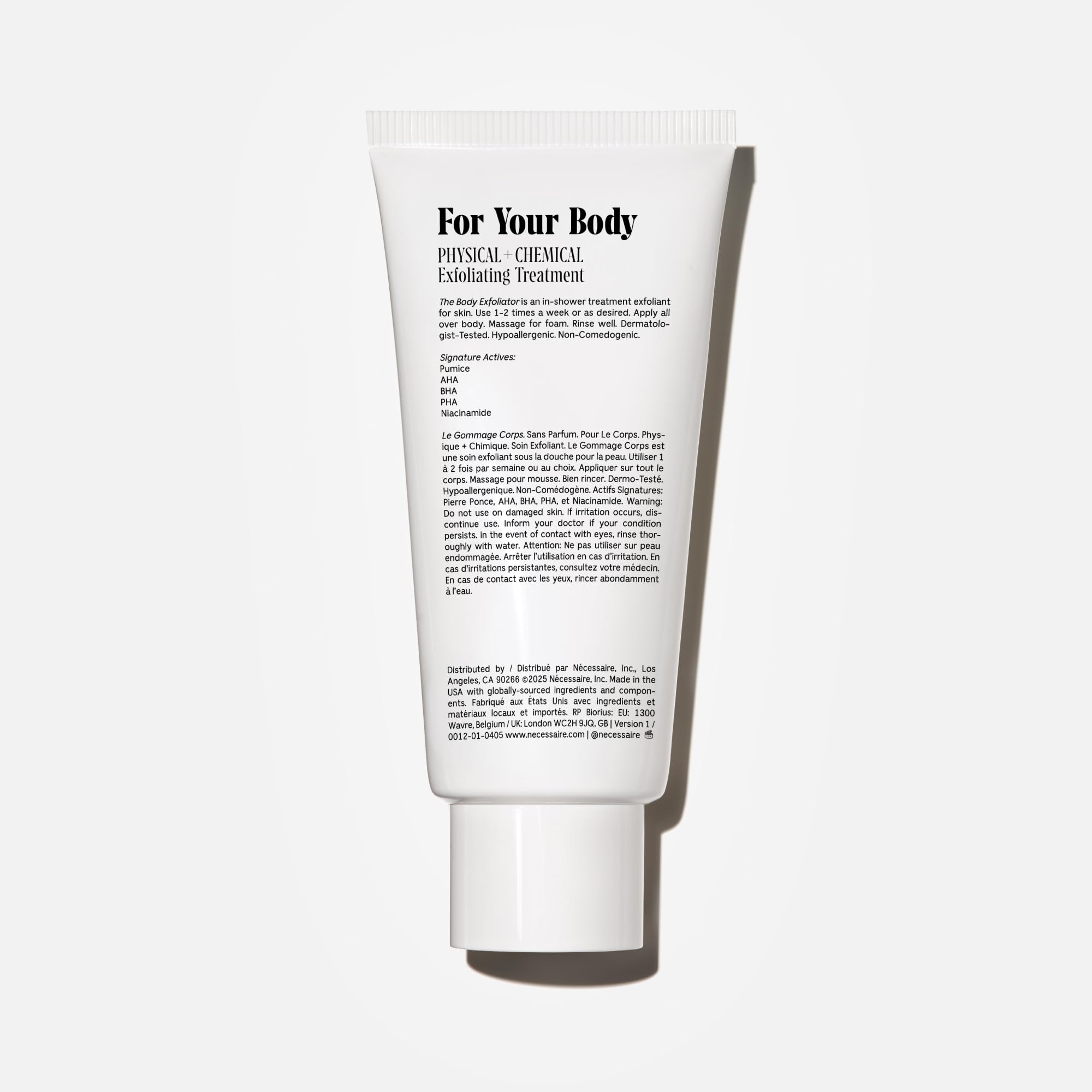 Nécessaire The Body Exfoliator label close-up, clean formula with dermatologist-tested reassurance.