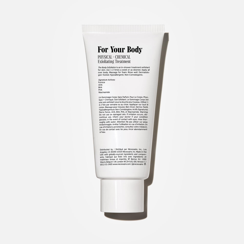 Nécessaire The Body Exfoliator label close-up, clean formula with dermatologist-tested reassurance.