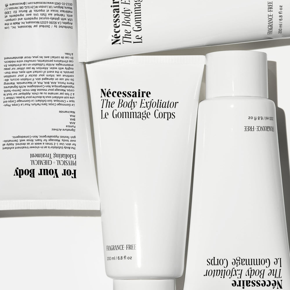 Nécessaire The Body Exfoliator texture swirl on skin, ready to resurface KP.