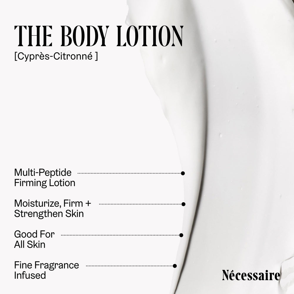 Nécessaire body lotion pump dispenses smooth cream for quick, non-greasy absorption.